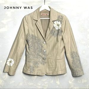 Johnny Was Embroidered Blazer Cotton Beige Jacket